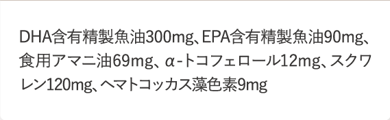 DHA含有精製魚油300mg、EPA含有精製魚油90mg、食用アマニ油69mg、α-トコフェロール12mg、スクワレン120mg、ヘマトコッカス藻色素9mg